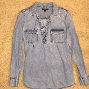 Retro 70s lace up tie jean denim shirt hippie boho